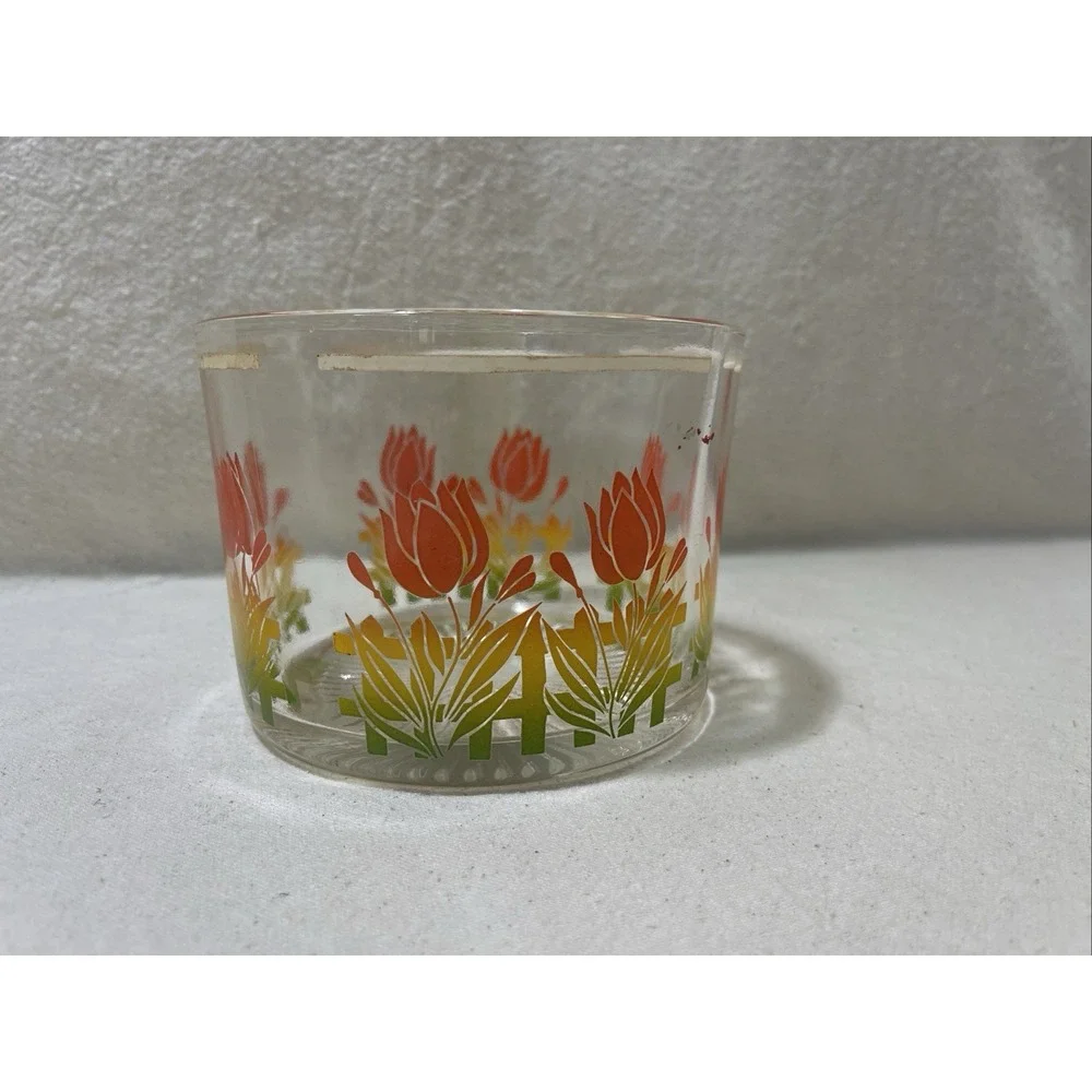 VTG MCM Retro Glass Barware Ice Bucket Bowl Orange Red Yellow Tulip Flower RARE